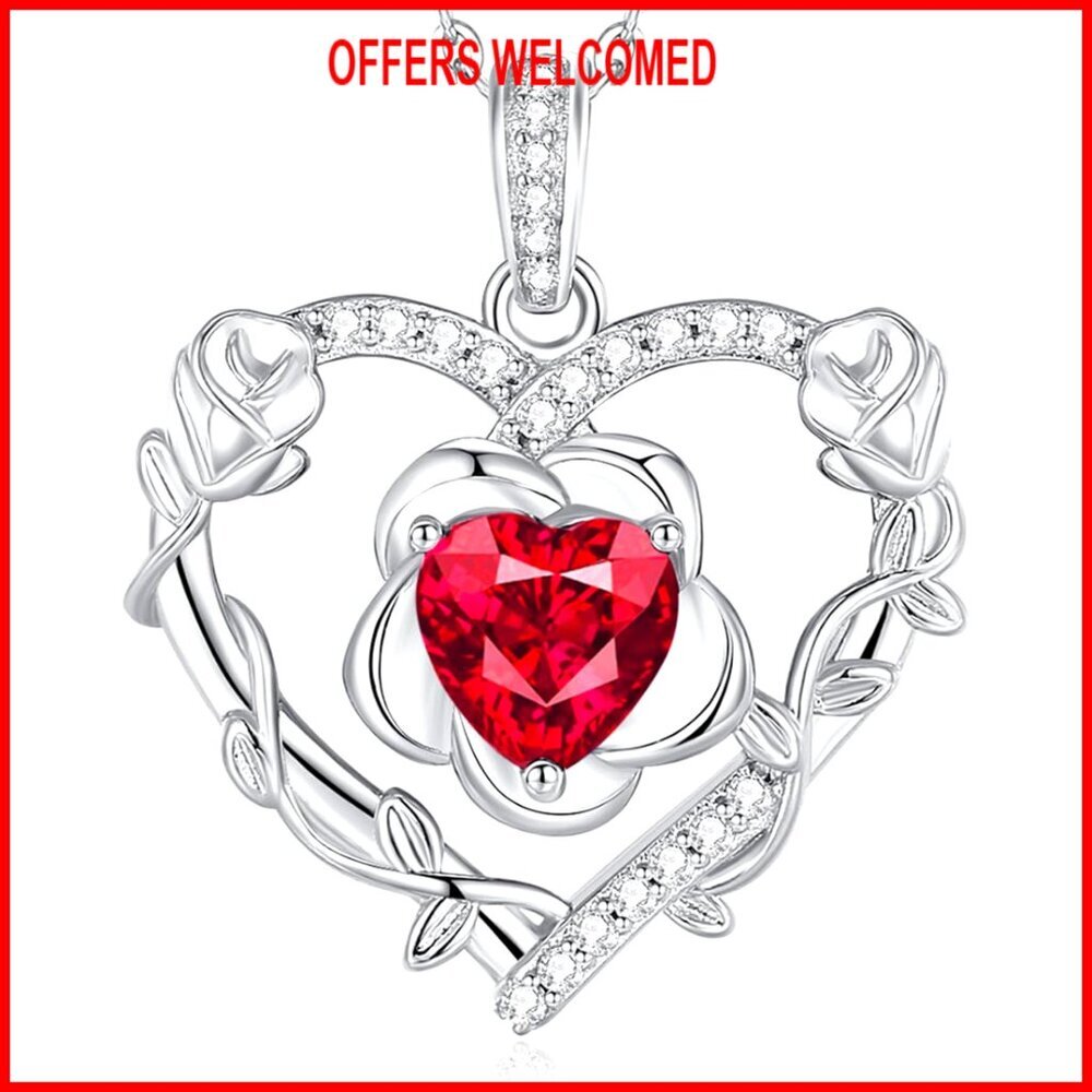 Sterling Silver Ruby Heart Pendant Necklace, 18" Adjustable Chain, July